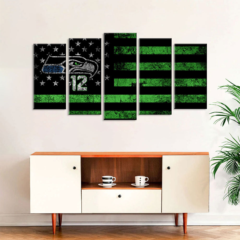 5 Piece Seattle Seahawks in American Flag Canvas Wall Art