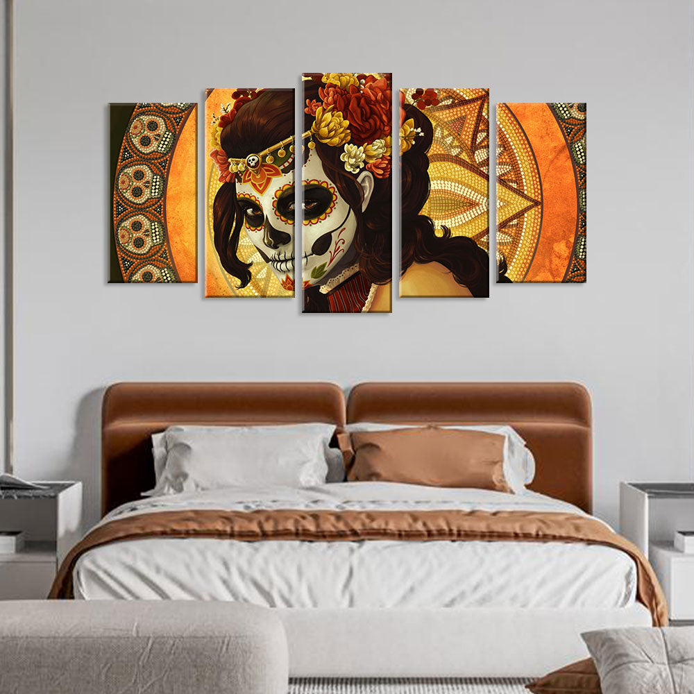 5 Piece "Day of the Dead" Sugar Skull Canvas Wall Art