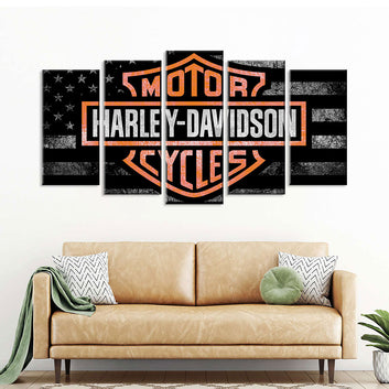 5 Piece Harley Davidson in American Flag Canvas Wall Art