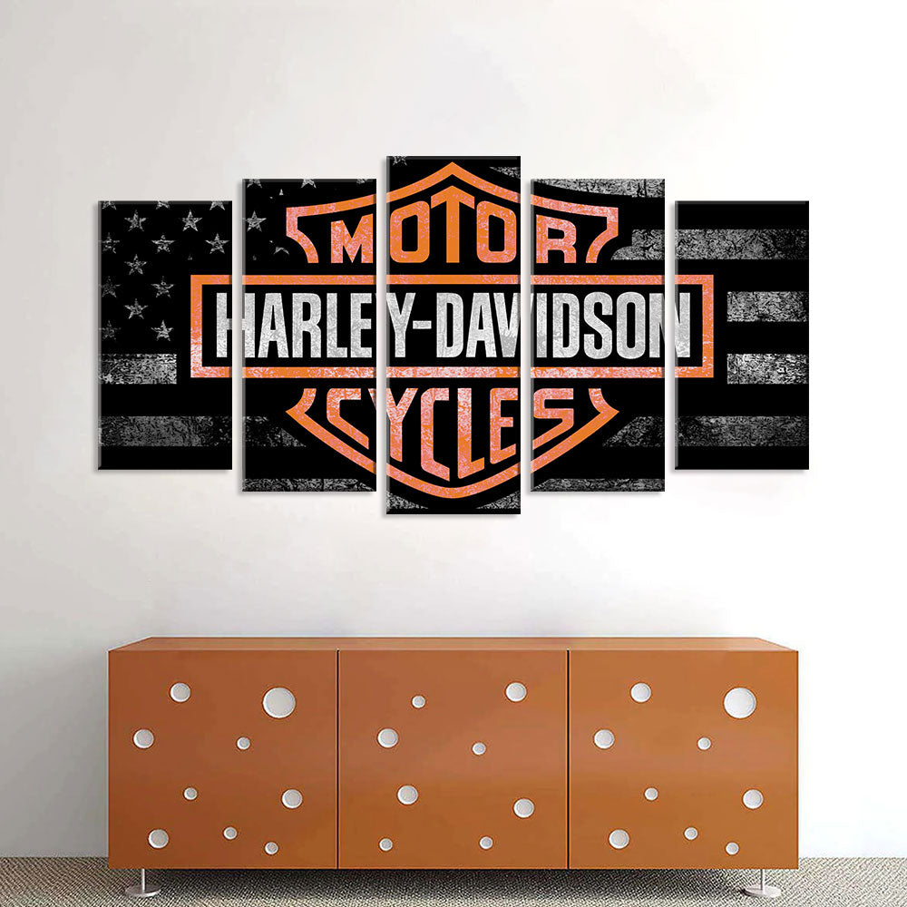 5 Piece Harley Davidson in American Flag Canvas Wall Art