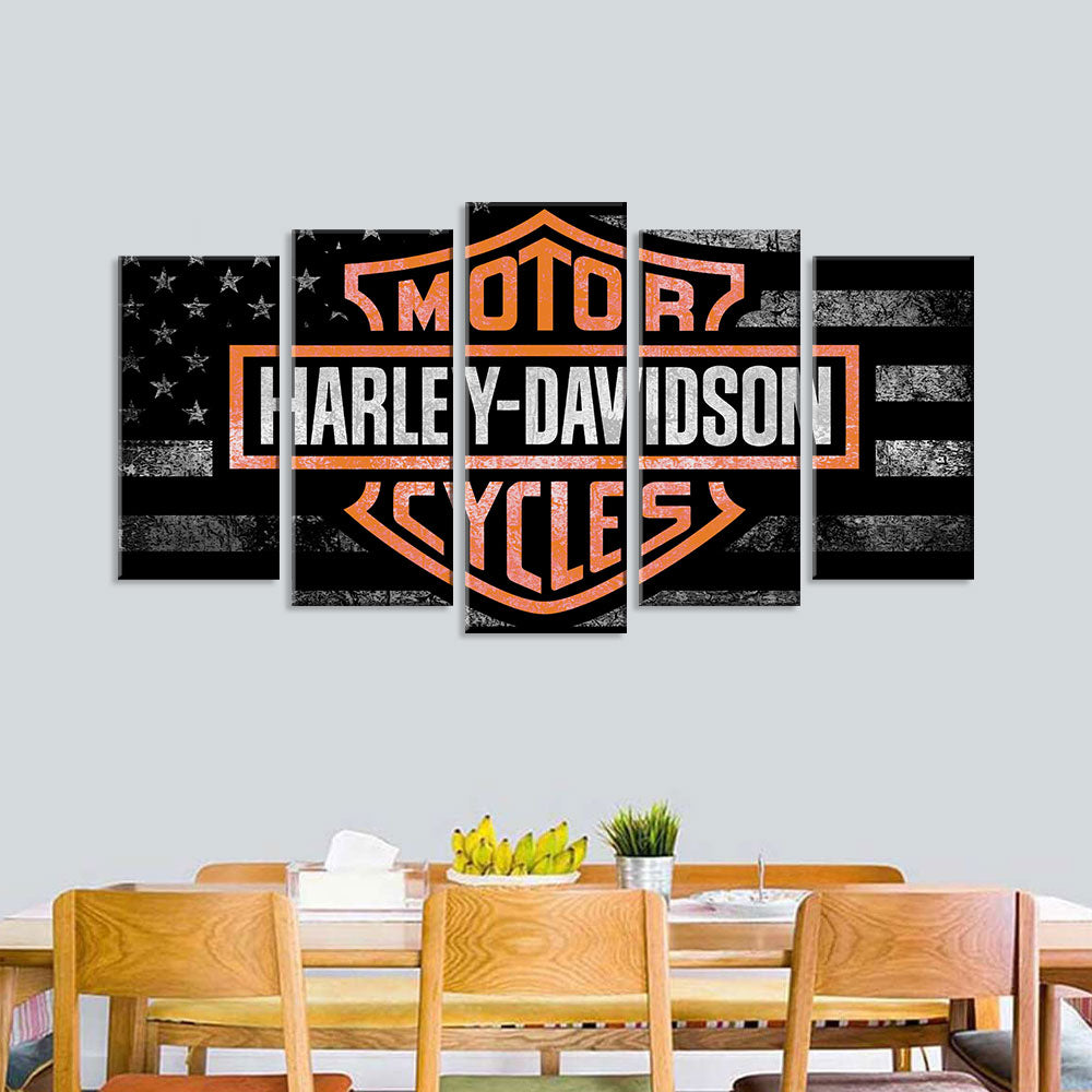 5 Piece Harley Davidson in American Flag Canvas Wall Art