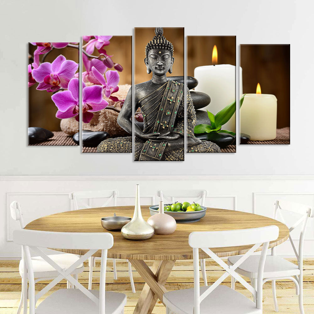 5 Piece Seated Buddha with Orchid and Candle Canvas Wall Art