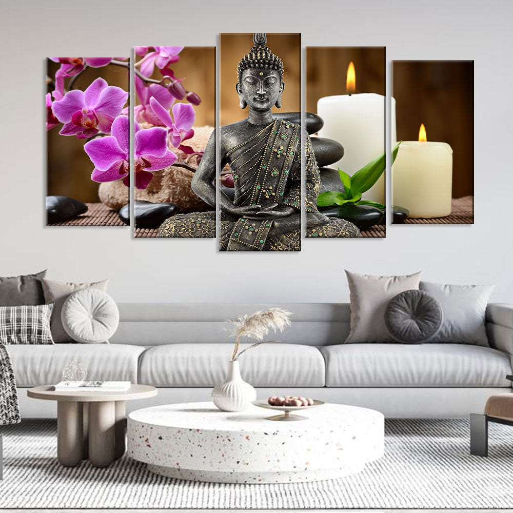 5 Piece Seated Buddha with Orchid and Candle Canvas Wall Art