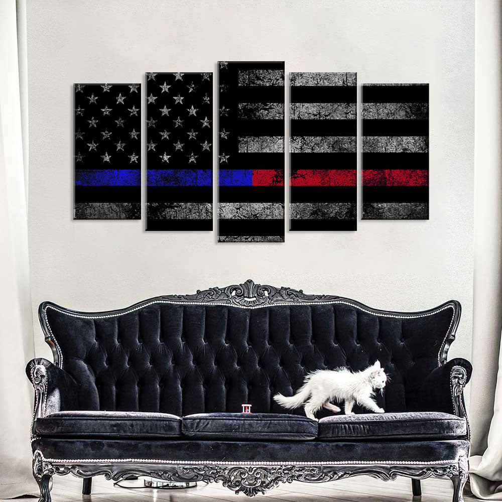 5 Piece Blue and Red Lines American Flag Canvas Wall Art