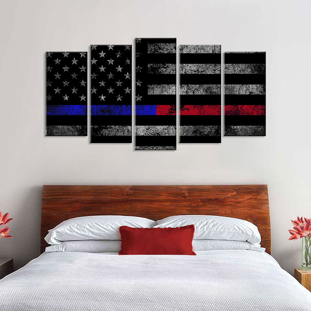 5 Piece Blue and Red Lines American Flag Canvas Wall Art