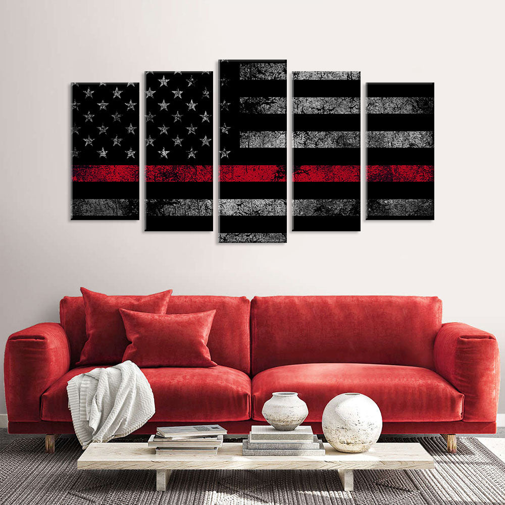 5 Piece Red Line American Flag Canvas Wall Art