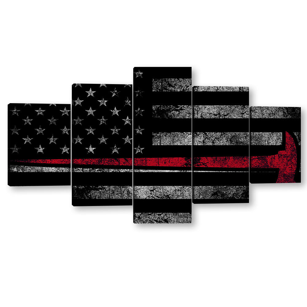 5 Piece Firefighter Axe in American Flag Canvas Wall Art