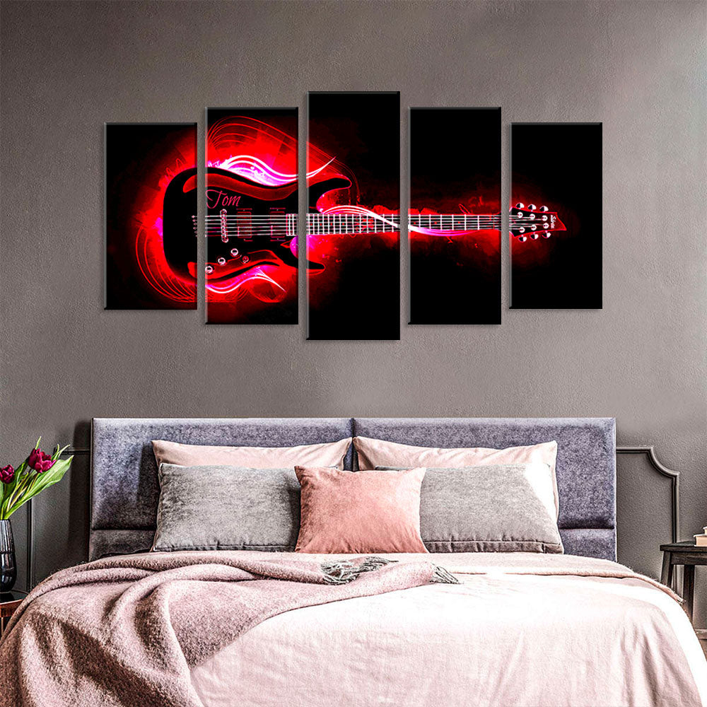 5 Piece Red Electric Guitar on Black Canvas Wall Art