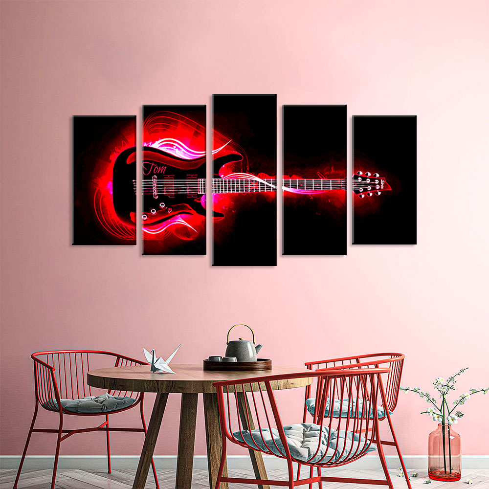 5 Piece Red Electric Guitar on Black Canvas Wall Art