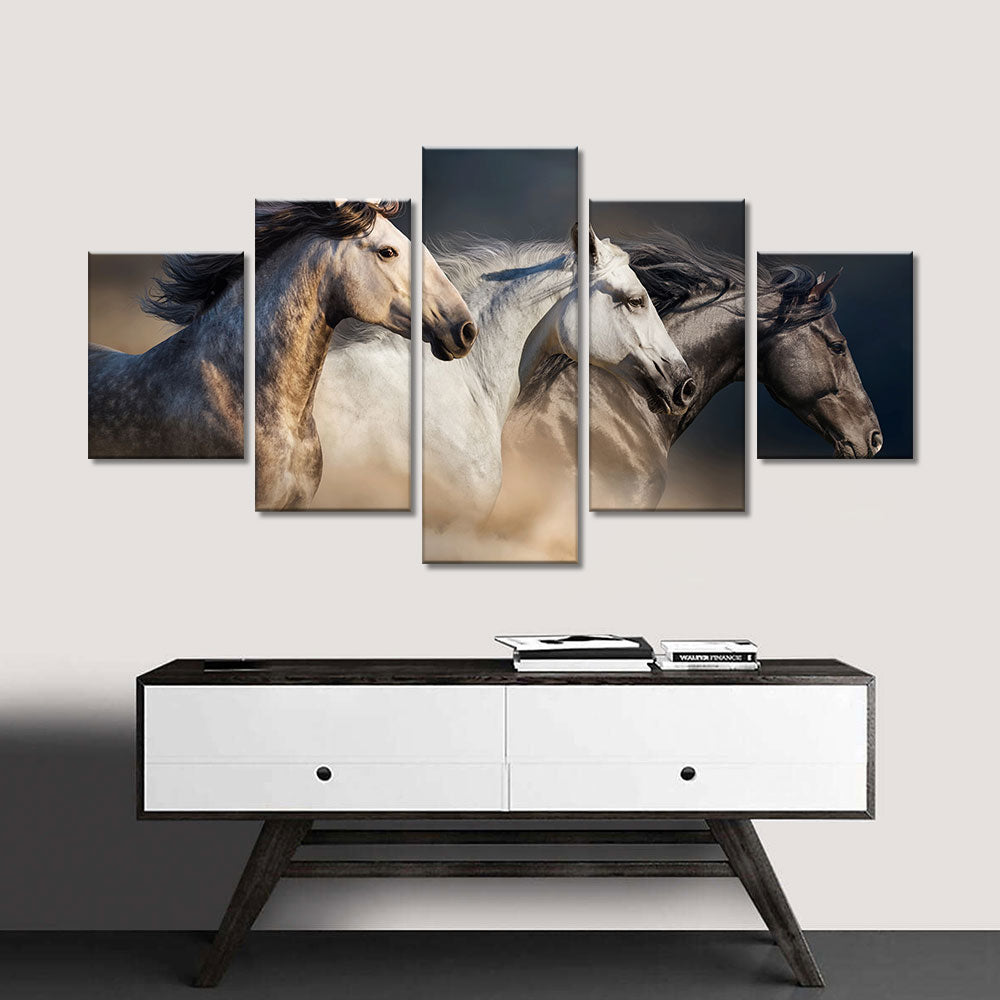 Black and white running horses canvas wall art