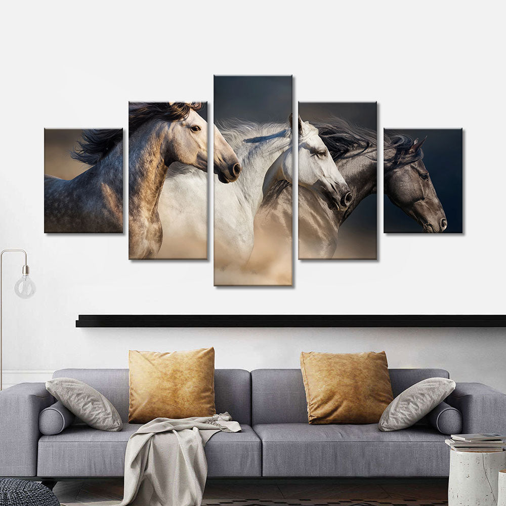 Black and white running horses canvas wall art