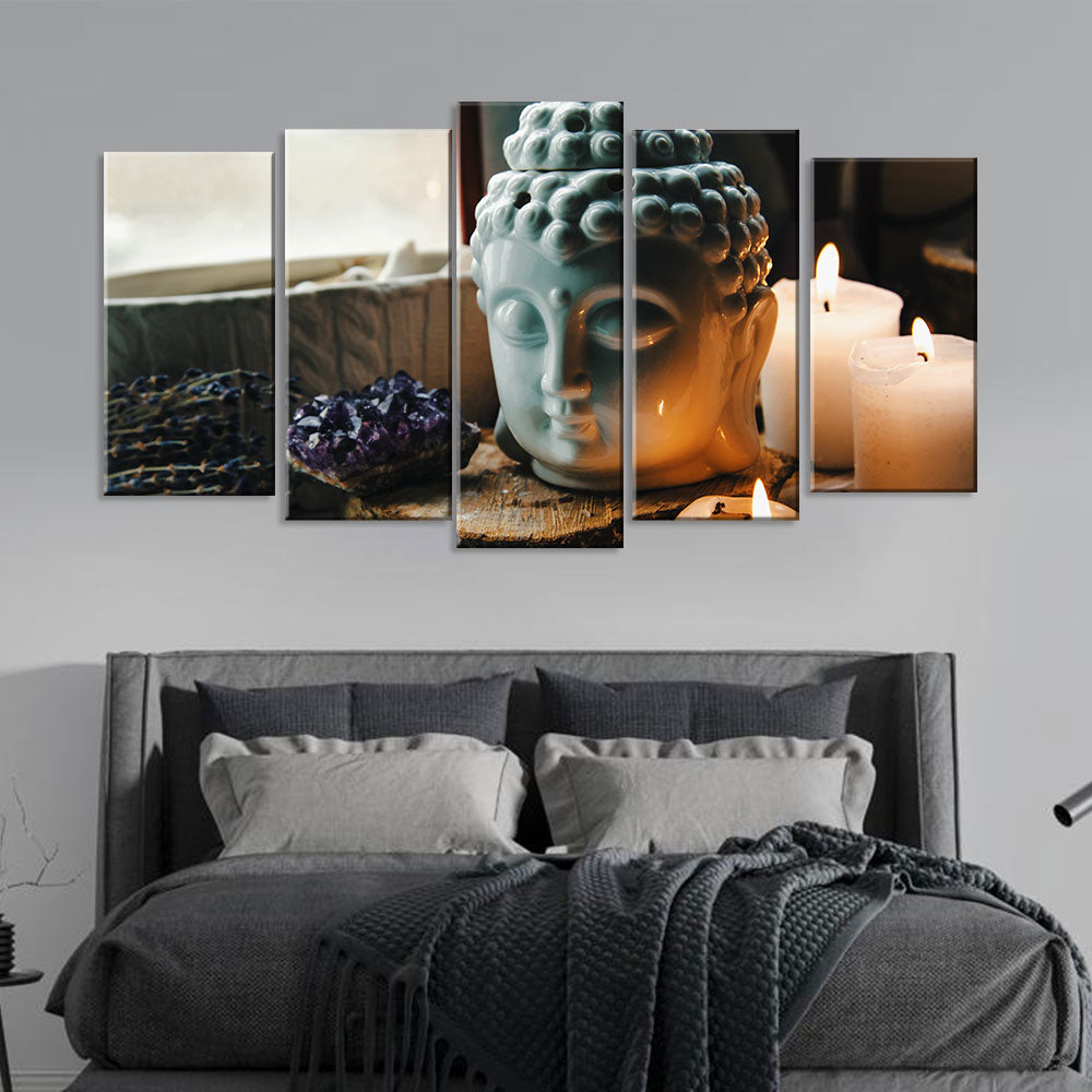 5 Piece Buddha Head with Candle Canvas Wall Art