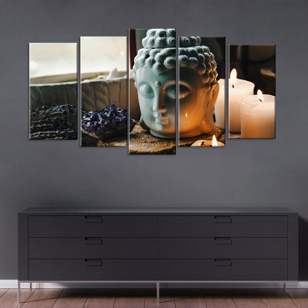 5 Piece Buddha Head with Candle Canvas Wall Art