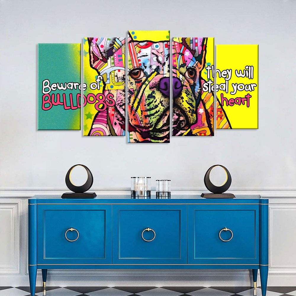 5 Piece Colorful Bulldog Canvas Wall Art