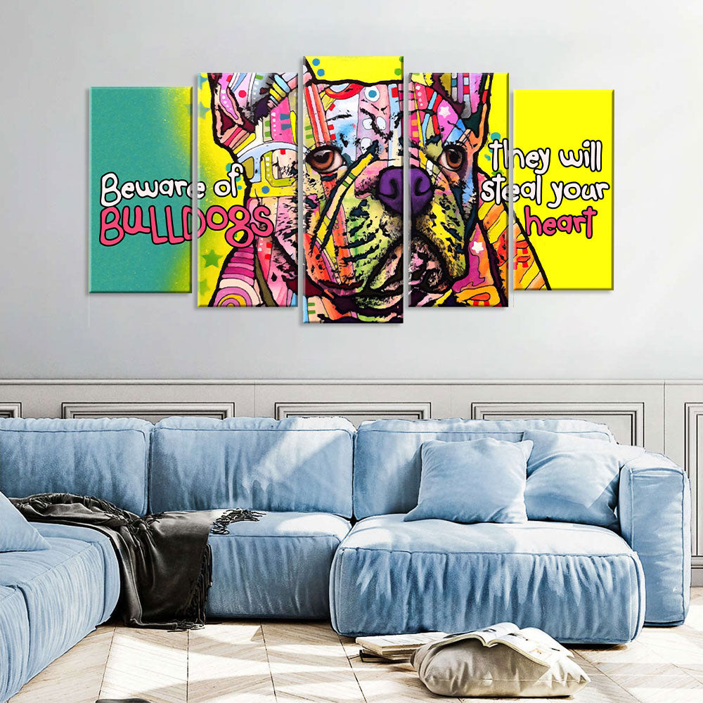 5 Piece Colorful Bulldog Canvas Wall Art