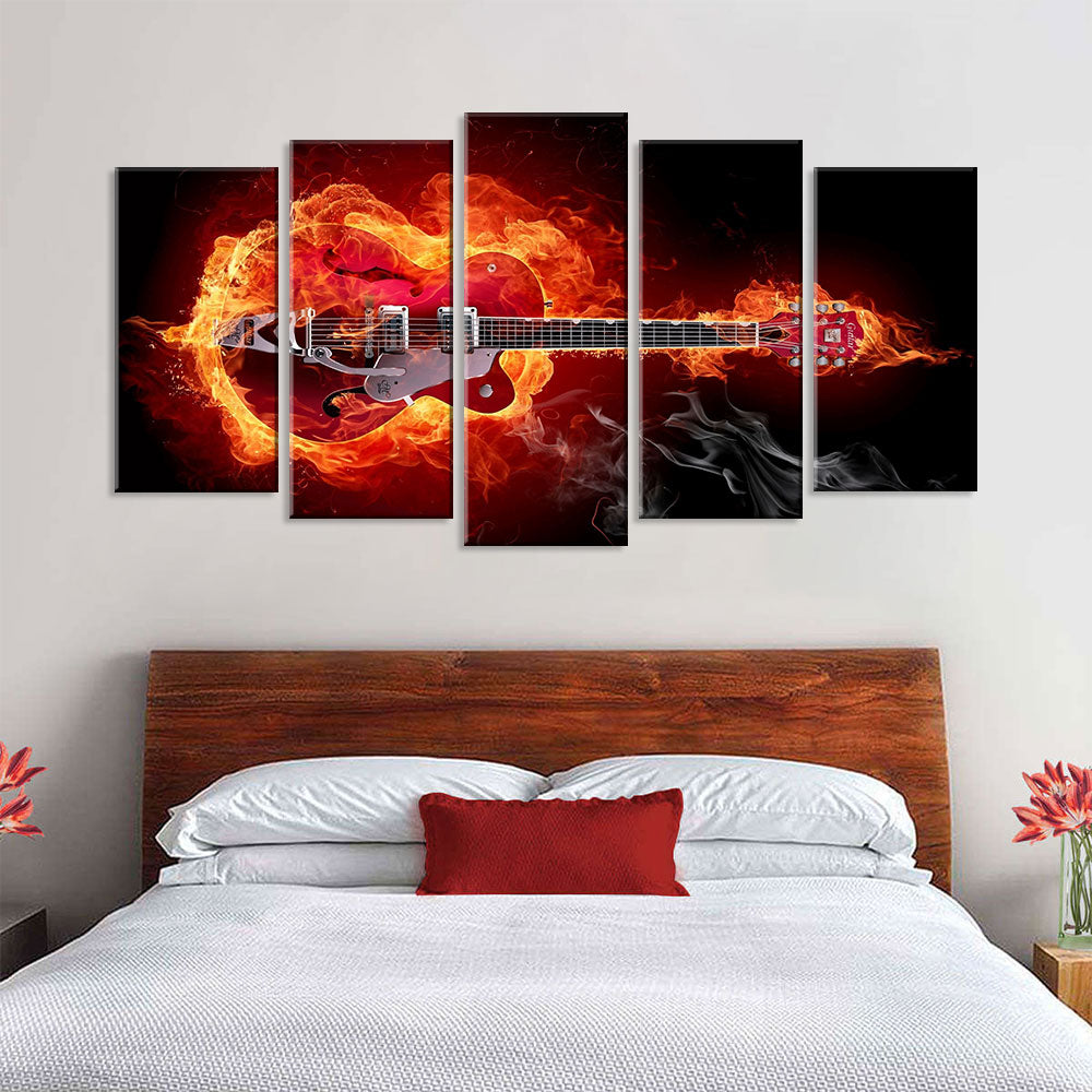 5 Piece Abstract Red Guitar in Fire Canvas Wall Art