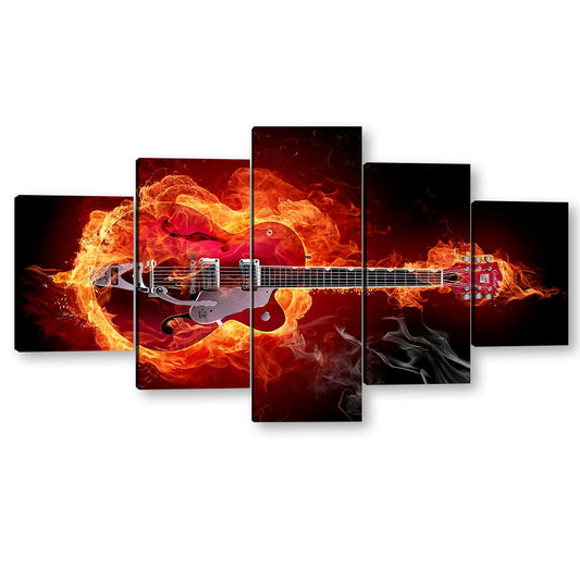 5 Piece Abstract Red Guitar in Fire Canvas Wall Art