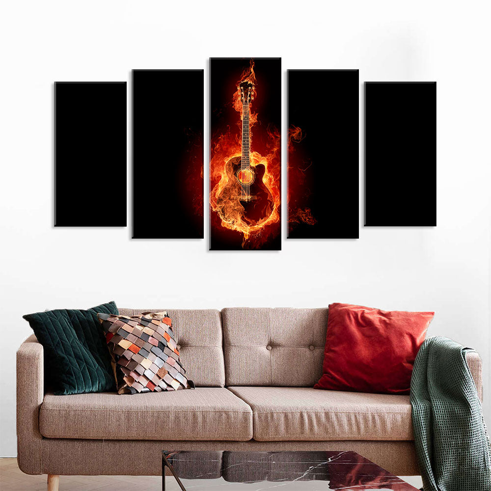 5 Piece Fire Electric Guitar Canvas Wall Art