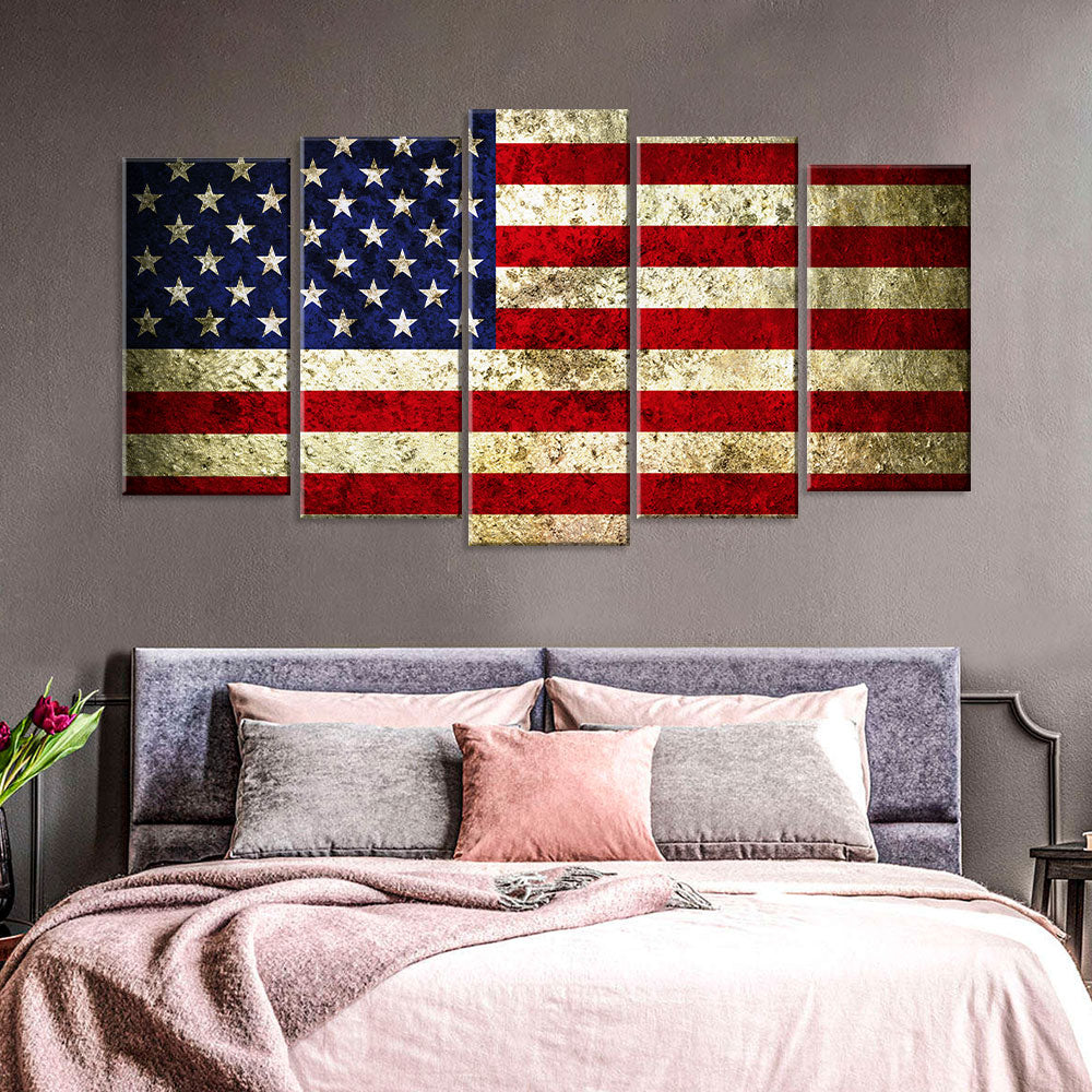 5 Piece Vintage Bright American Flag Canvas Wall Art