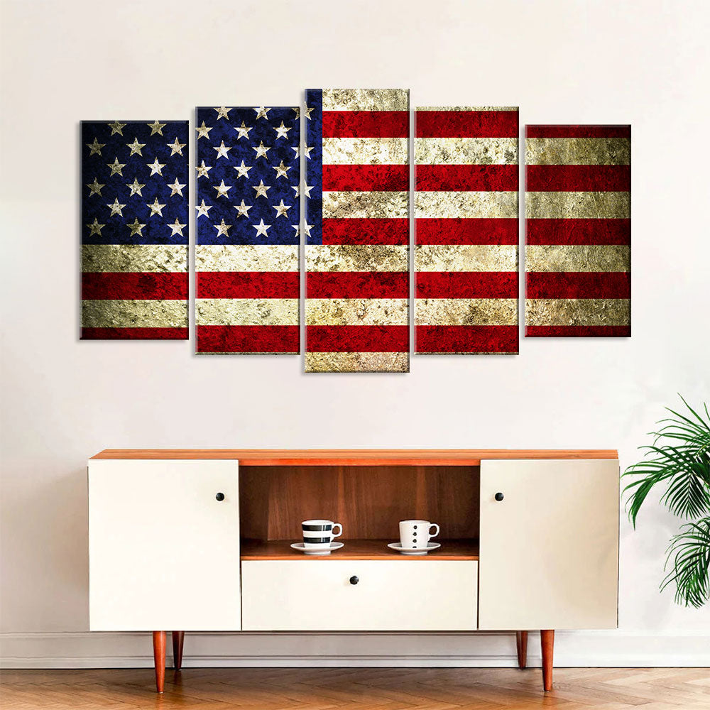 5 Piece Vintage Bright American Flag Canvas Wall Art