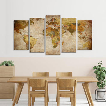 5 Piece Retro World Map Canvas Wall Art