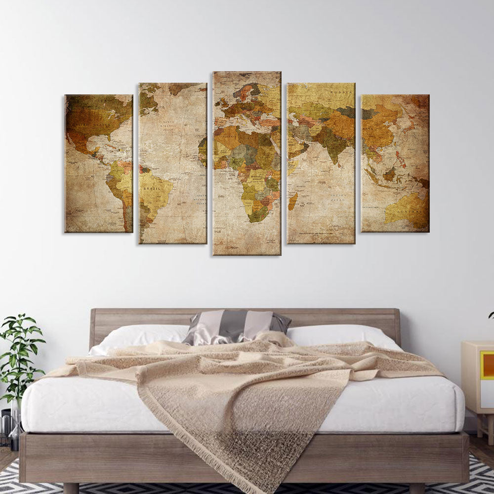 5 Piece Retro World Map Canvas Wall Art