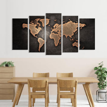 5 Piece Black World Map Canvas Wall Art
