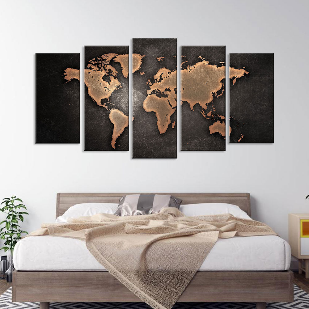 5 Piece Black World Map Canvas Wall Art