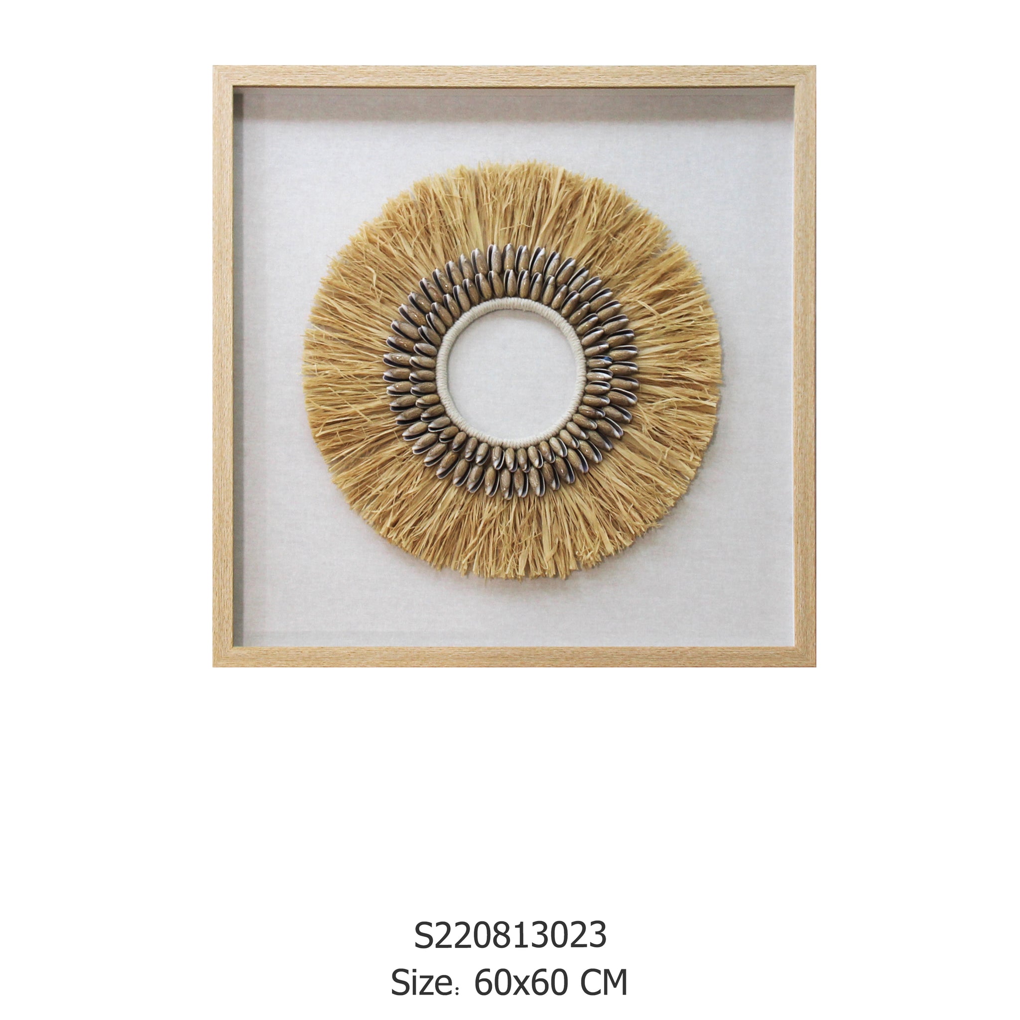 Natural Raffia Grass Circle Wall Art with a Wooden Frame