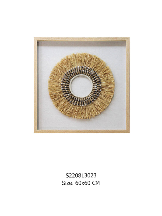 Natural Raffia Grass Circle Wall Art with a Wooden Frame