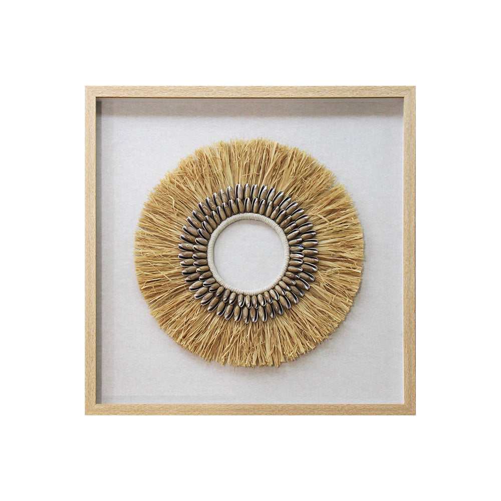 Natural Raffia Grass Circle Wall Art with a Wooden Frame