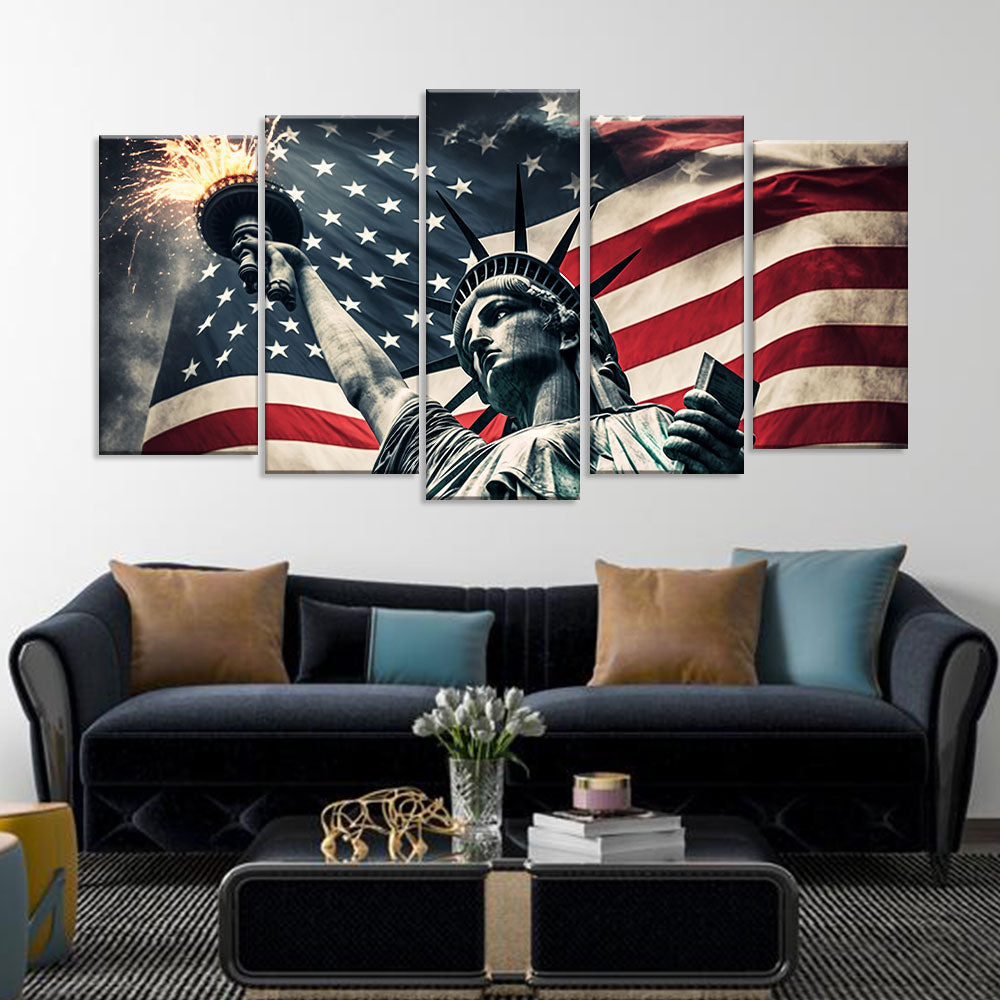 Statue of Liberty with American Flag Canvas Wall Art