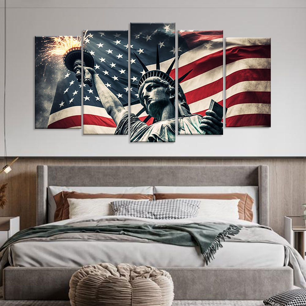 Statue of Liberty with American Flag Canvas Wall Art