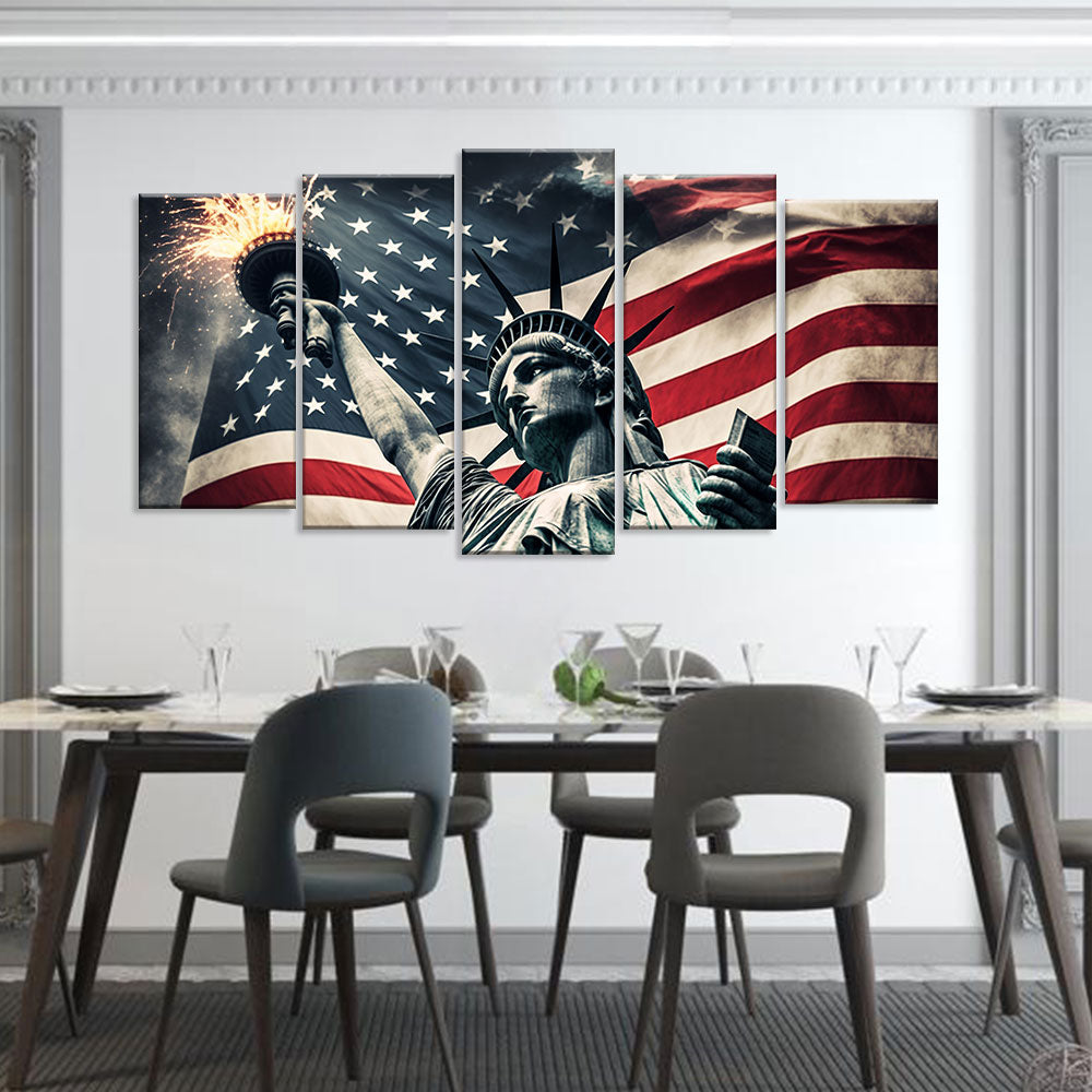 Statue of Liberty with American Flag Canvas Wall Art