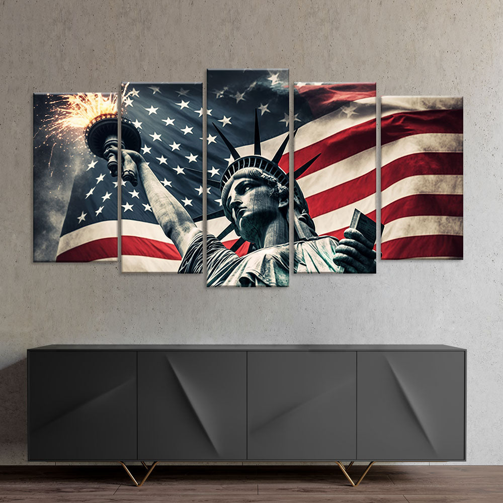 Statue of Liberty with American Flag Canvas Wall Art