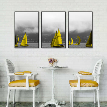 3 Piece Nordic Yellow Sailing Boats in Water Canvas Wall Art