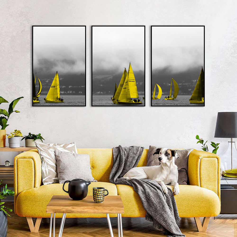 3 Piece Nordic Yellow Sailing Boats in Water Canvas Wall Art