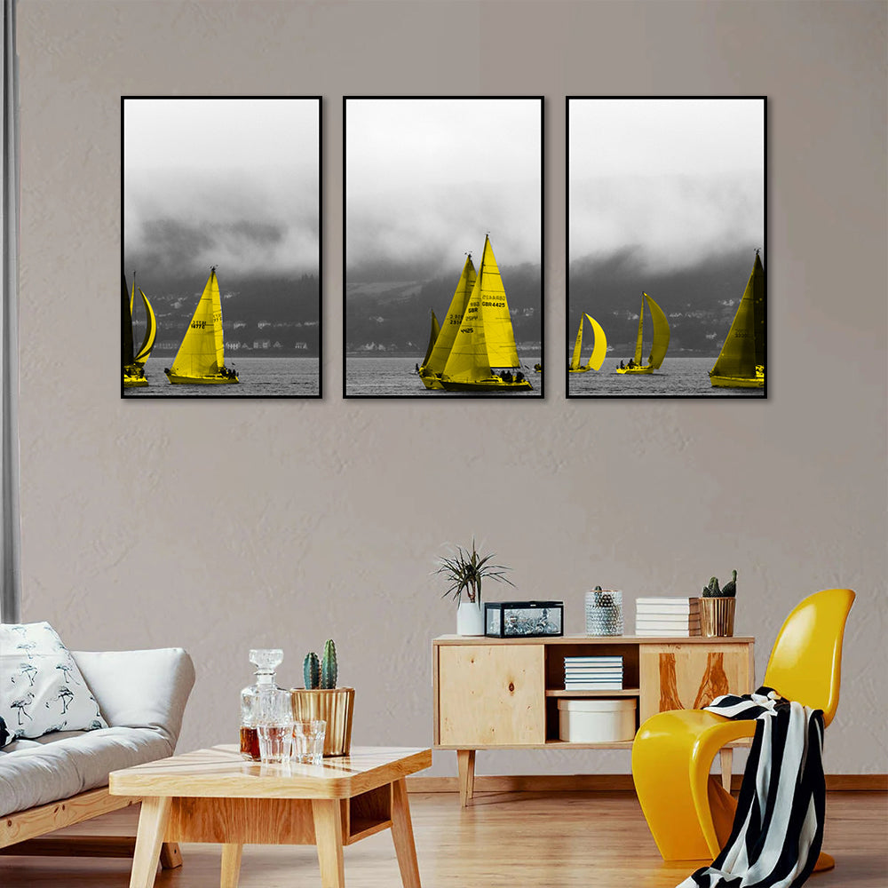 3 Piece Nordic Yellow Sailing Boats in Water Canvas Wall Art