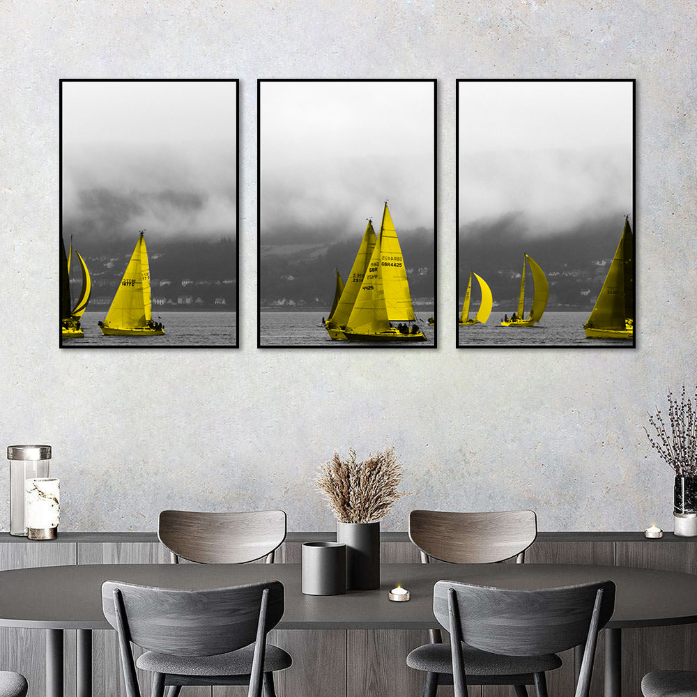 3 Piece Nordic Yellow Sailing Boats in Water Canvas Wall Art