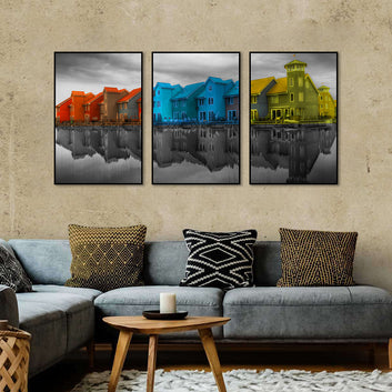 3 Piece Nordic Colorful Houses at Water Edge Canvas Wall Art