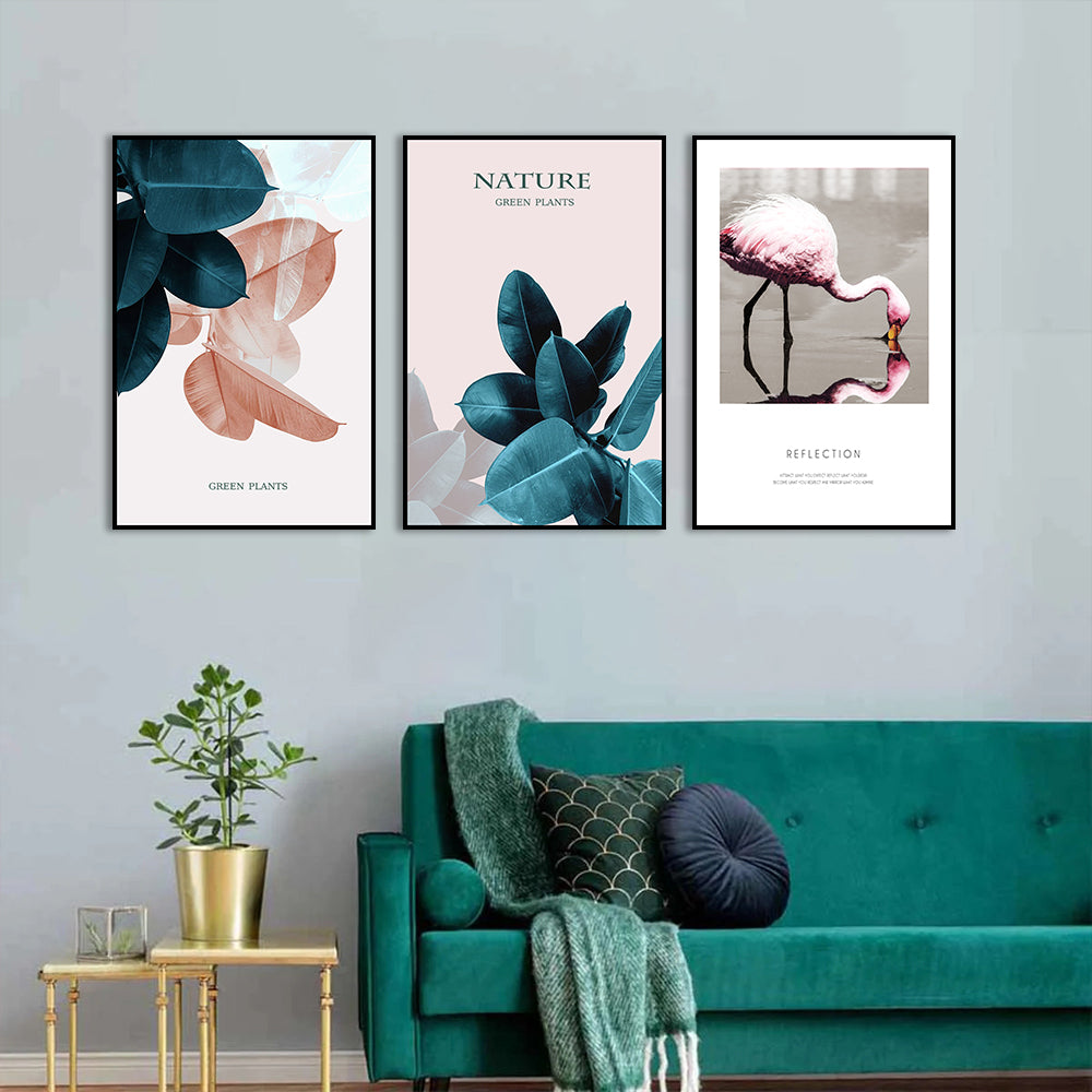 3 Piece Nordic Green Plants and Flamingo Canvas Wall Art