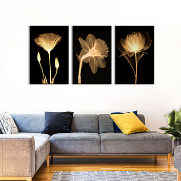 3 Piece Nordic Transparent Flowers in Black Canvas Wall Art