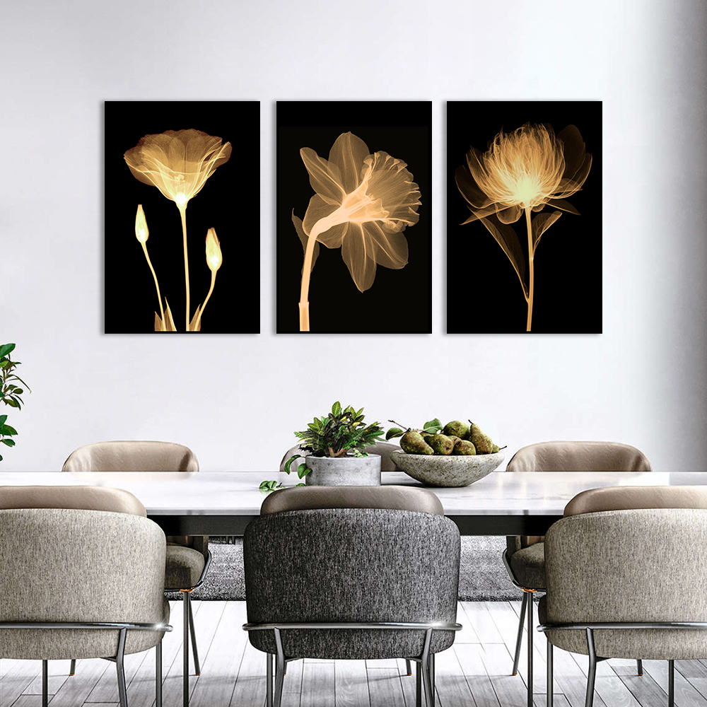 3 Piece Nordic Transparent Flowers in Black Canvas Wall Art