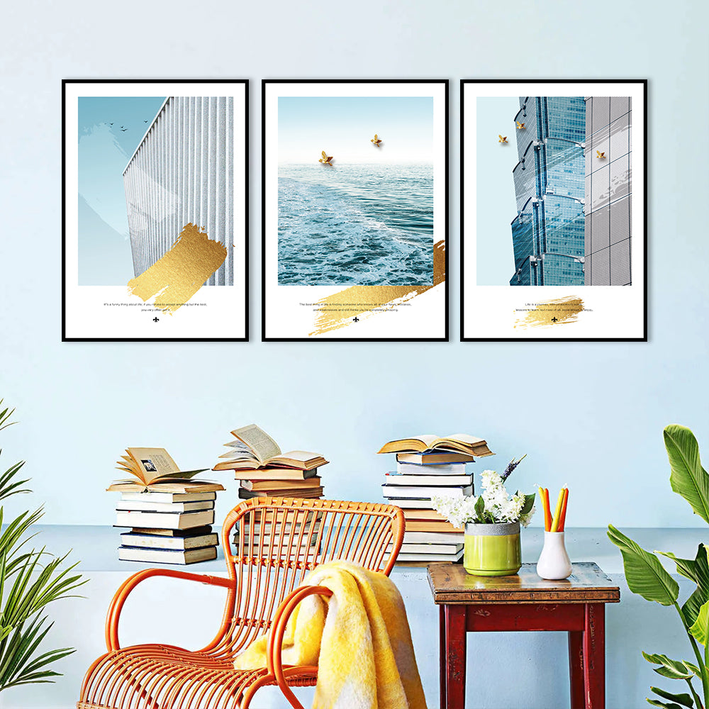 3 Piece Nordic Architecture and Seascape Canvas Wall Art