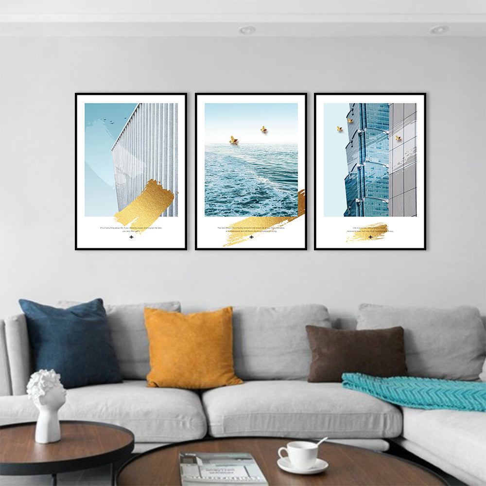 3 Piece Nordic Architecture and Seascape Canvas Wall Art