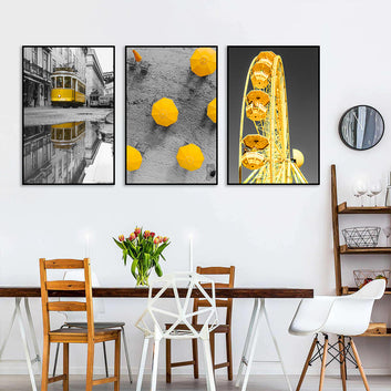 3 Piece Nordic Old Street with Yellow Umbrella and Ferris Wheel Canvas Wall Art