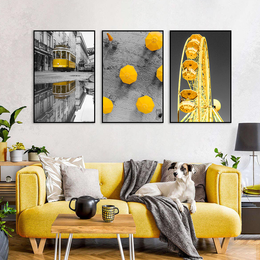 3 Piece Nordic Old Street with Yellow Umbrella and Ferris Wheel Canvas Wall Art