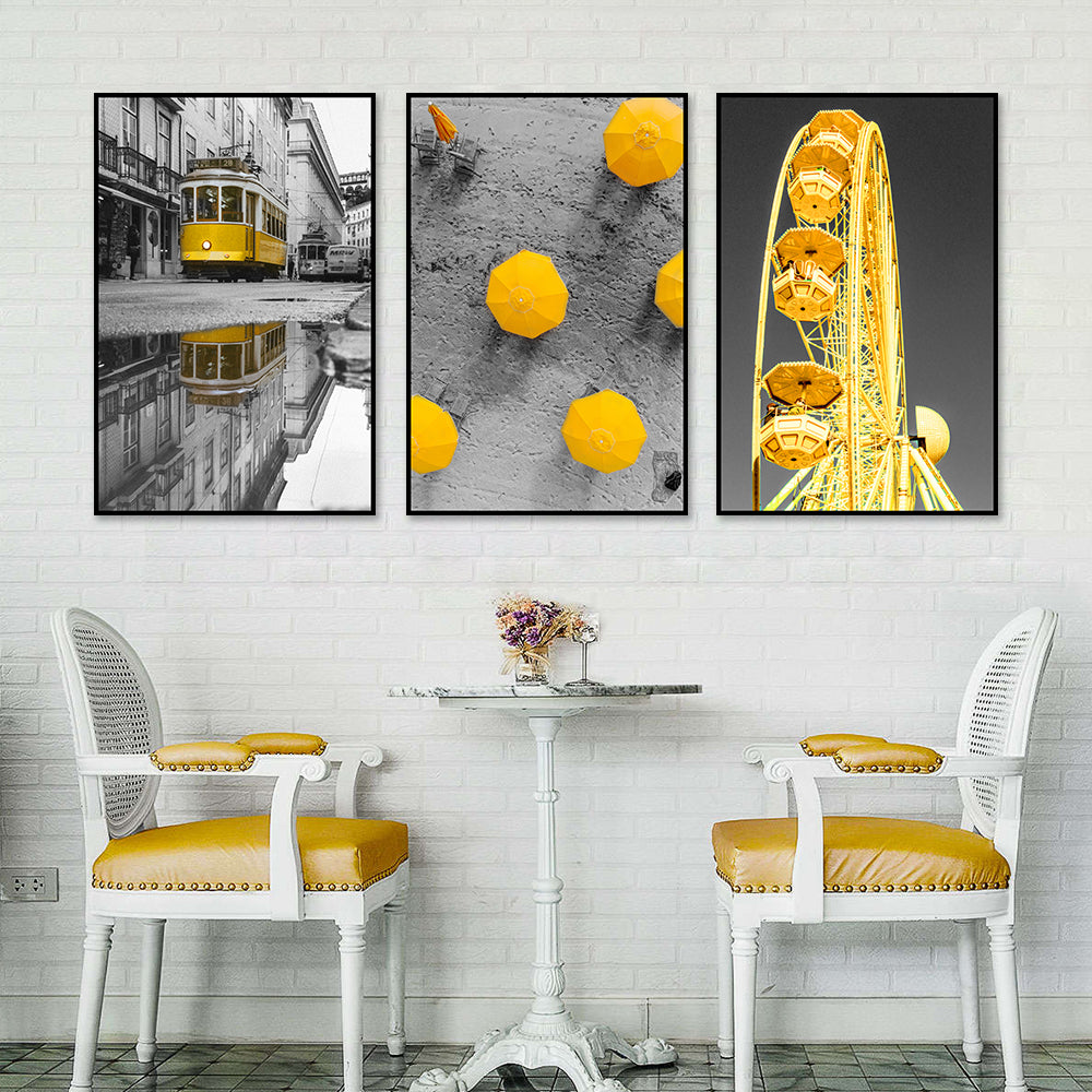 3 Piece Nordic Old Street with Yellow Umbrella and Ferris Wheel Canvas Wall Art