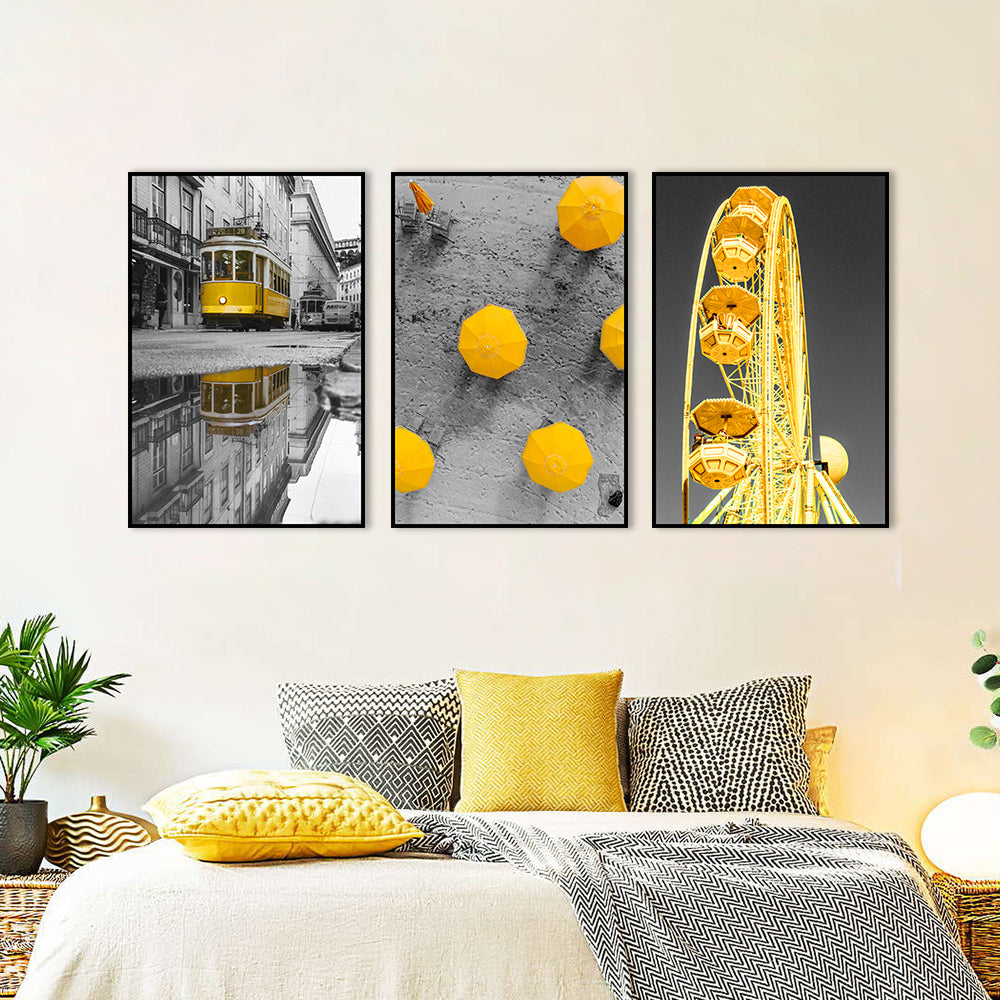 3 Piece Nordic Old Street with Yellow Umbrella and Ferris Wheel Canvas Wall Art