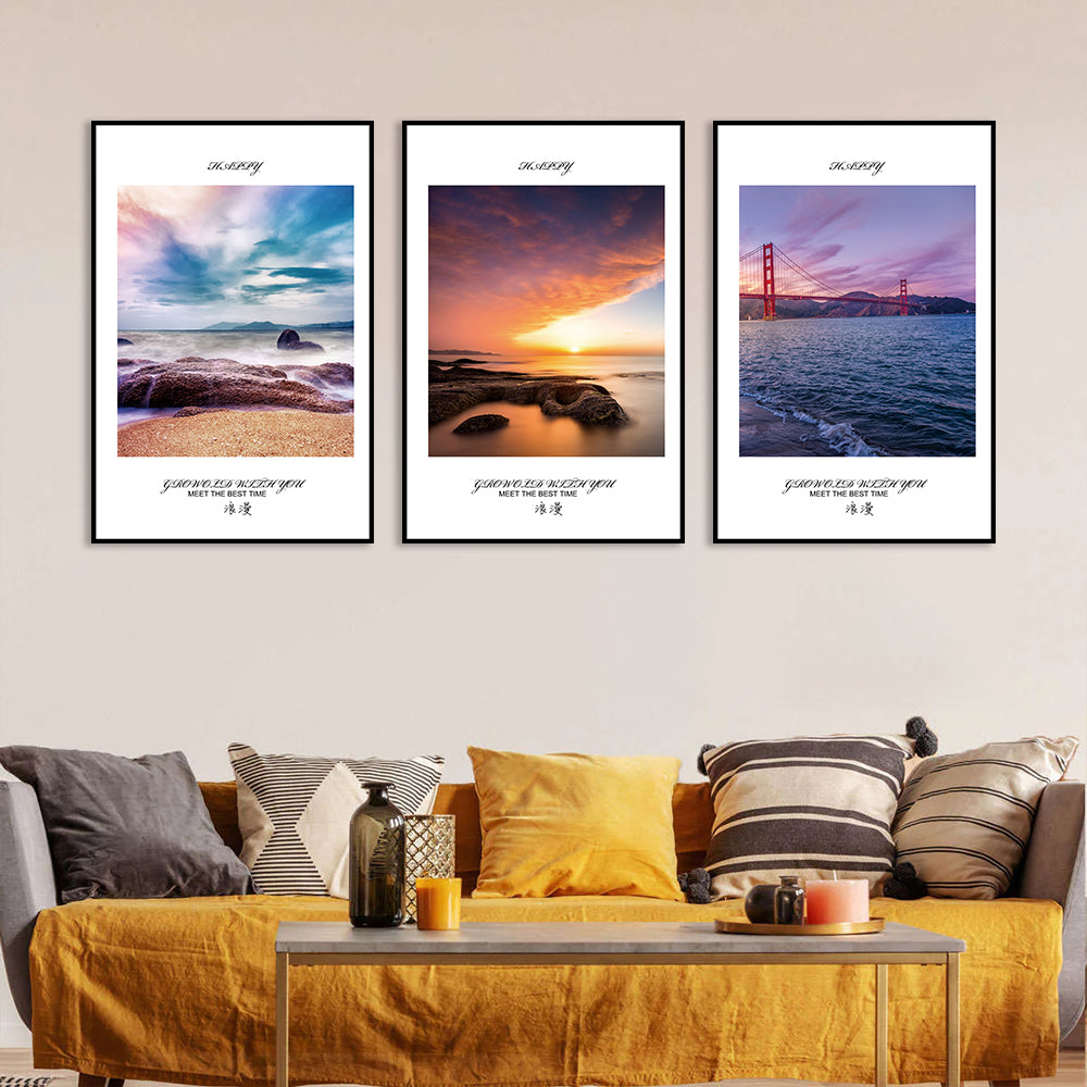 3 Piece Seascape and Golden Gate Bridge Canvas Wall Art